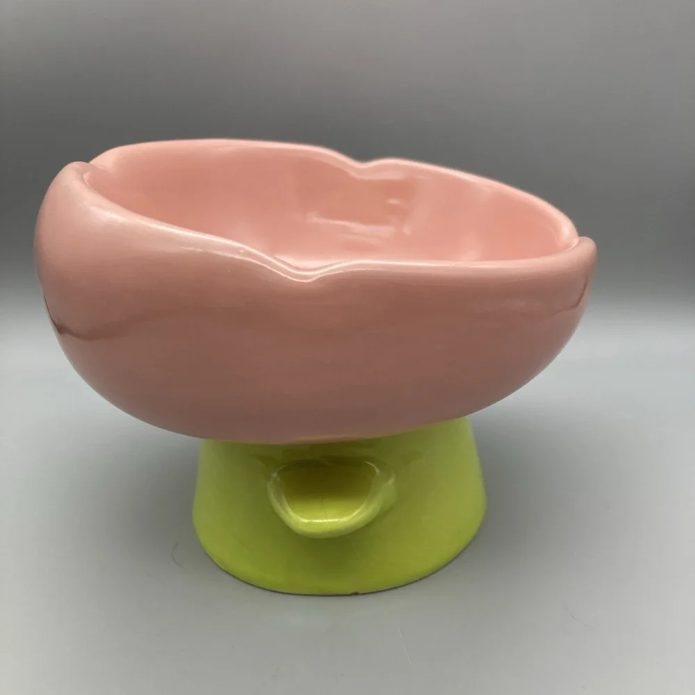 Whisker Friendly Flower Shaped Ceramic Pet Food Bowl Elevated Tilted Pink Green